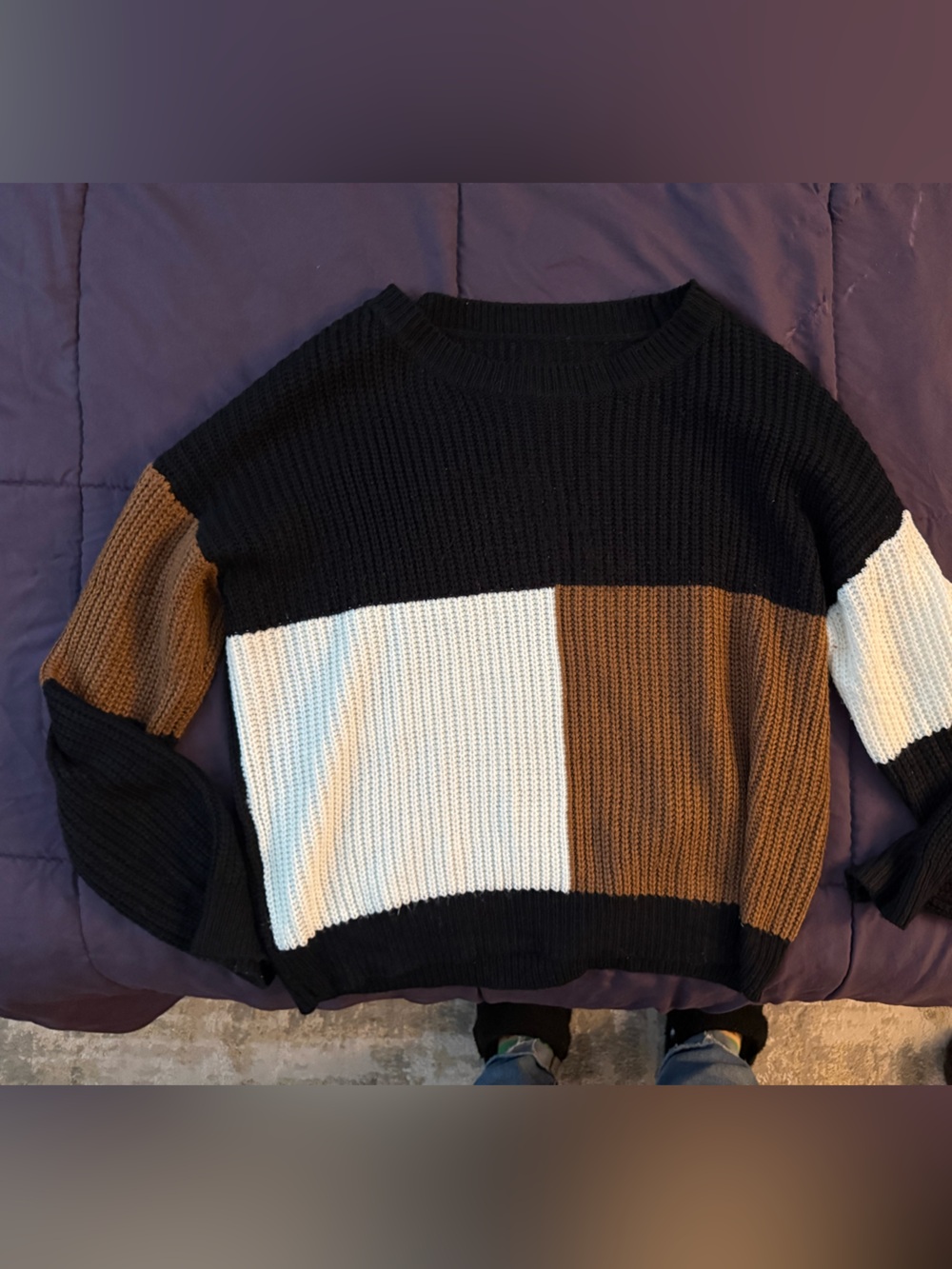 Women’s Colorblock Crewneck Sweater - Black, White & Brown